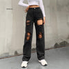 Hole Ripped Black Woman Distressed Jeans Casual Hip Hop High Waist Pants Pocket Straight Denim Trousers Ladies