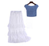 Holiday Clothing Set Women Summer Big Elastic Slash Neck Tops + Long Ruffles Lace Layers Party Bohemian Skirts Suits Set NS978