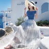 Holiday Clothing Set Women Summer Big Elastic Slash Neck Tops + Long Ruffles Lace Layers Party Bohemian Skirts Suits Set NS978