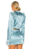 Holiwind 2023 Spring Feathered Double Breasted Cropped Blazer+Skirt Front Single Button Closure. Padded Shoulders Satin Fabric