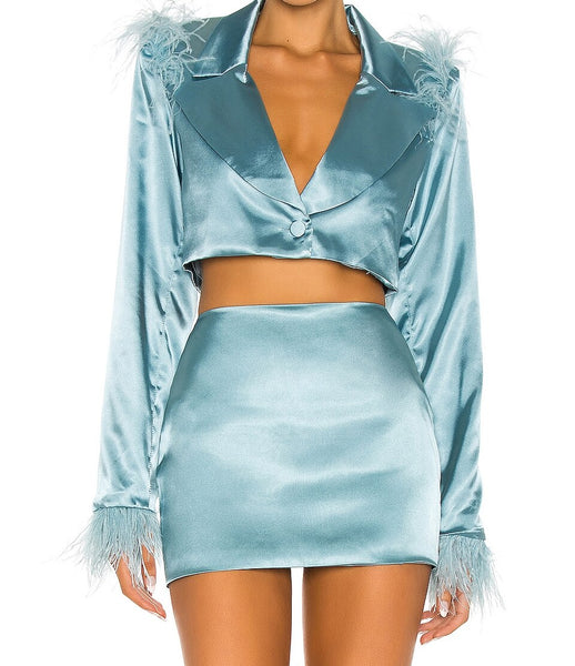 Holiwind 2023 Spring Feathered Double Breasted Cropped Blazer+Skirt Front Single Button Closure. Padded Shoulders Satin Fabric