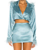 Holiwind 2023 Spring Feathered Double Breasted Cropped Blazer+Skirt Front Single Button Closure. Padded Shoulders Satin Fabric