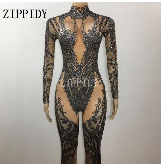 Hollow Black Crystals Stretch Jumpsuit Sexy Nightclub Bar Dance Wear Bodysuit Leggings Celebrate Outfit Performance Clothing