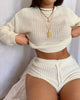 Hollow Knitting Women Two Piece Sets Long Sleeve Casual Bodycon Outfits Crop Top And Shorts Co-ord Set