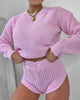 Hollow Knitting Women Two Piece Sets Long Sleeve Casual Bodycon Outfits Crop Top And Shorts Co-ord Set