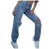 Hollow Out Distressed Ripped Jeans Women Button High Waist Pocket Solid Color Jeans Trousers Loose Denim Sexy Pants#20