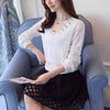 Hollow Out Lace Blouse Women Fashion High Quality V Neck Long Sleeve Elastic Waist Pink White Lace Shirt Women Tops
