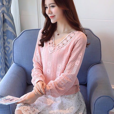 Hollow Out Lace Blouse Women Fashion High Quality V Neck Long Sleeve Elastic Waist Pink White Lace Shirt Women Tops