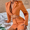 Hollow Out Waist Blazer Jacket Sexy 2023 Suit Set Women's Single Button Color Block Blazer Flare Pants Suit Long Sleeve