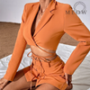 Hollow Out Waist Blazer Jacket Sexy 2023 Suit Set Women's Single Button Color Block Blazer Flare Pants Suit Long Sleeve