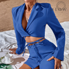 Hollow Out Waist Blazer Jacket Sexy 2023 Suit Set Women's Single Button Color Block Blazer Flare Pants Suit Long Sleeve