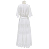 Hollow Out White Dress Sexy Women Long Lace Dress Cross Semi-Sheer Plunge V-Neck Short Sleeve Lace Maxi Dress