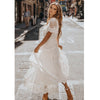 Hollow Out White Dress Sexy Women Long Lace Dress Cross Semi-Sheer Plunge V-Neck Short Sleeve Lace Maxi Dress