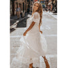 Hollow Out White Dress Sexy Women Long Lace Dress Cross Semi-Sheer Plunge V-Neck Short Sleeve Lace Maxi Dress