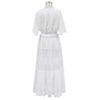 Hollow Out White Dress Sexy Women Long Lace Dress Cross Semi-Sheer Plunge V-Neck Short Sleeve Lace Maxi Dress