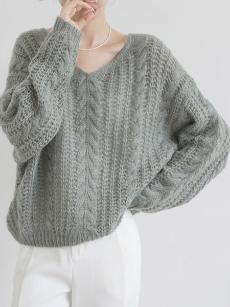 Hollow Out Winter Pullover Women Casual Loose Knit Sweater V-neck Long Sleeve Knitwear Female Elegant Solid Warm Jumper