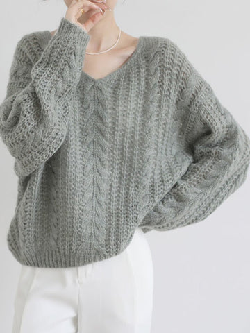 Hollow Out Winter Pullover Women Casual Loose Knit Sweater V-neck Long Sleeve Knitwear Female Elegant Solid Warm Jumper