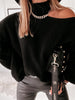 Hollow Out Winter Pullover Women Casual Off Shoulder Knit Sweater Loose Sexy Lantern Sleeve Knitwear Female Solid Jumper