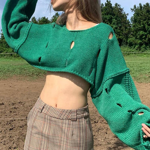 Hollowed Out Green Y2K Short Sweaters Preppy Style Knit Pullover Long Sleeve Oversized Sweater Autumn Winter Crop Top Streetwear
