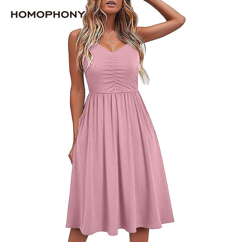 Homophony Midi Dress Sexy Party Sleeveless Backless Folds Solid Sweet Women Dress Summer Elegant Sundresses Vestido Playa Mujer