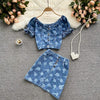 Hong Kong style retro denim suit women's summer sweet and age-reducing short top women's high waist skirt printed two-piece suit