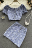 Hong Kong style retro denim suit women's summer sweet and age-reducing short top women's high waist skirt printed two-piece suit