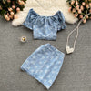 Hong Kong style retro denim suit women's summer sweet and age-reducing short top women's high waist skirt printed two-piece suit