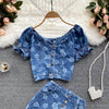 Hong Kong style retro denim suit women's summer sweet and age-reducing short top women's high waist skirt printed two-piece suit