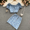 Hong Kong style retro denim suit women's summer sweet and age-reducing short top women's high waist skirt printed two-piece suit