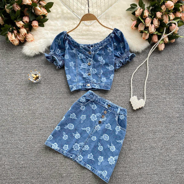 Hong Kong style retro denim suit women's summer sweet and age-reducing short top women's high waist skirt printed two-piece suit