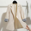 Hot！3/4 Sleeve Striped Patchwork Cuff Pockets 2023 Blazer Woman Jacket Lapel Single Button Thin Suit Coat Workwear