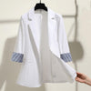 Hot！3/4 Sleeve Striped Patchwork Cuff Pockets 2023 Blazer Woman Jacket Lapel Single Button Thin Suit Coat Workwear