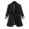 Hot！3/4 Sleeve Striped Patchwork Cuff Pockets 2023 Blazer Woman Jacket Lapel Single Button Thin Suit Coat Workwear
