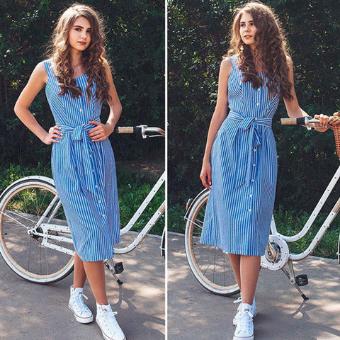 Hot Blue Striped Dress Women Bow Bandage Sexy Summer Off Shoulder Women Party Dresses Single-Breasted Midi Elegant Shirt Dress