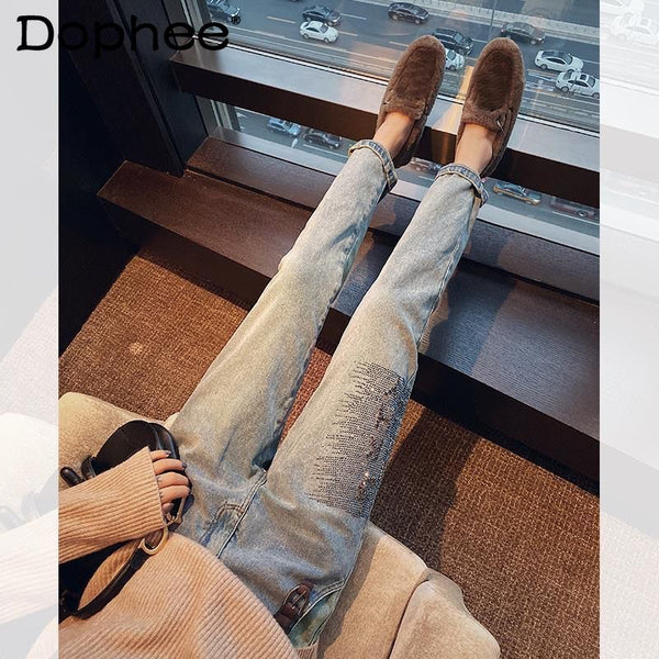 Diamond High Waist Jeans Women Loose Slimming Straight Denim Pants Trendy 2022 Autumn and Winter Long Trousers High Street