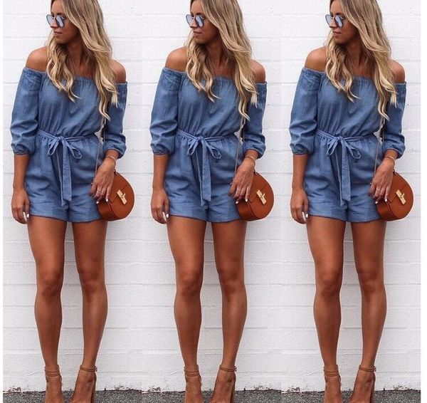 Hot Fashion 2022 Summer Women V neck Clubwear Off Shoulder Mini Playsuit Sexy Bodycon Party Jumpsuit Trousers Romper Jeans
