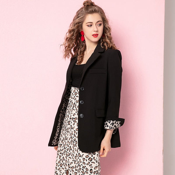 Leopard Patchwork Slim Fit Medium Length Women Blazer Long Sleeve Double Breasted Office Lady Qualities Coats