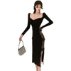 Girl Long Dress Women 2022 Autumn Patchwork Lace Long Sleeve Slim Mid-Length Dress Rac