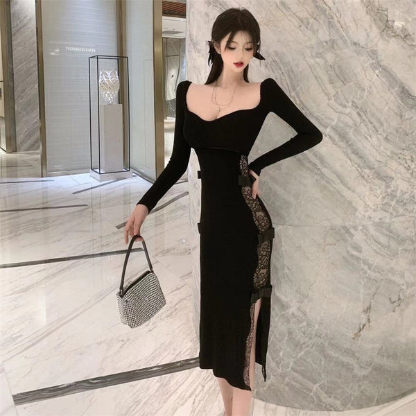 Girl Long Dress Women 2022 Autumn Patchwork Lace Long Sleeve Slim Mid-Length Dress Rac