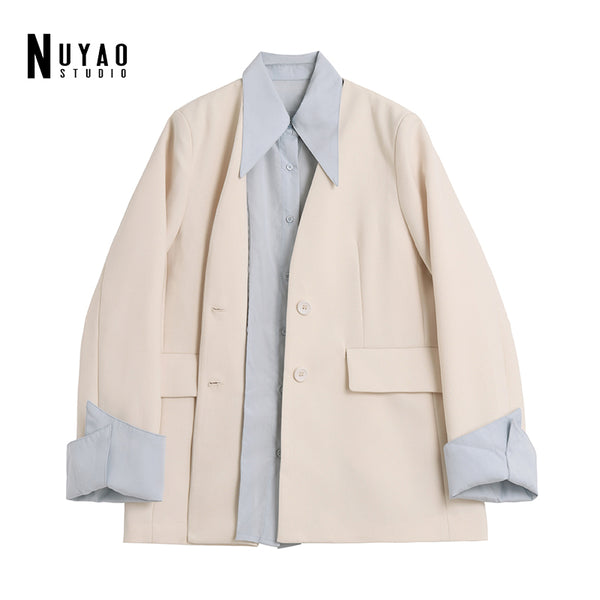 Women Suit Office Lady Imitating Two-Piece Blazers shirt Coats Stitching Streetwear Casual Loose Outerwear Jacket Tops
