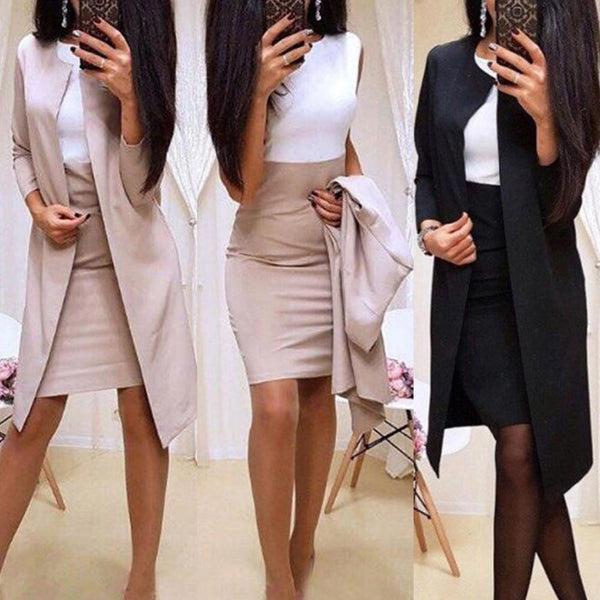 Sell 2pcs Suits With Skirt Office Lady Autumn Solid Color Long Blazer Jacket Bodycon Mini Skirt Suit  Mini Skirt Suit