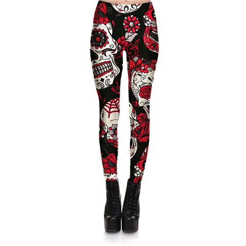 Hot Sell Skull Leggings Women's Skull&flower Black Leggings Digital Print Trousers 7 color skull Woman Stretch Pants Plus Size