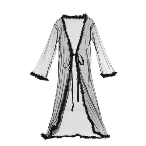 Hot Sexy Women's Long Sleeve Lace See Through Solid V Neck Long Dress Sexy Robe Sheer Night Set