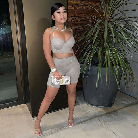 Sexy Wrapped Chest Two Piece Set Women Outfits Slim Backless Camisole+High Waist Skinny Shorts Matching Lady Activewear