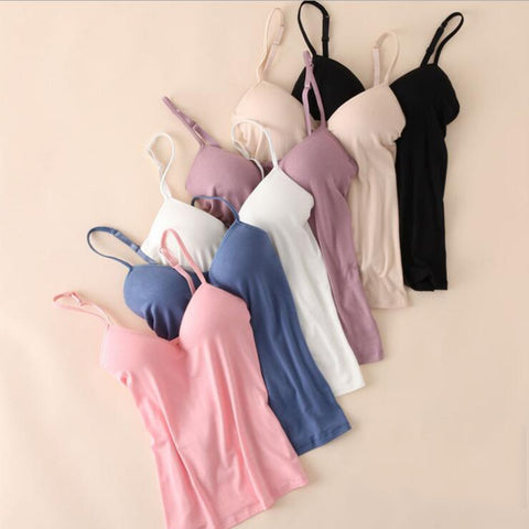 Hot Sold Fashion Women Camisole With Built In Shelf Bra Adjustable Spaghetti Strap Vest White Soft Tank Casual Top Nude Lady