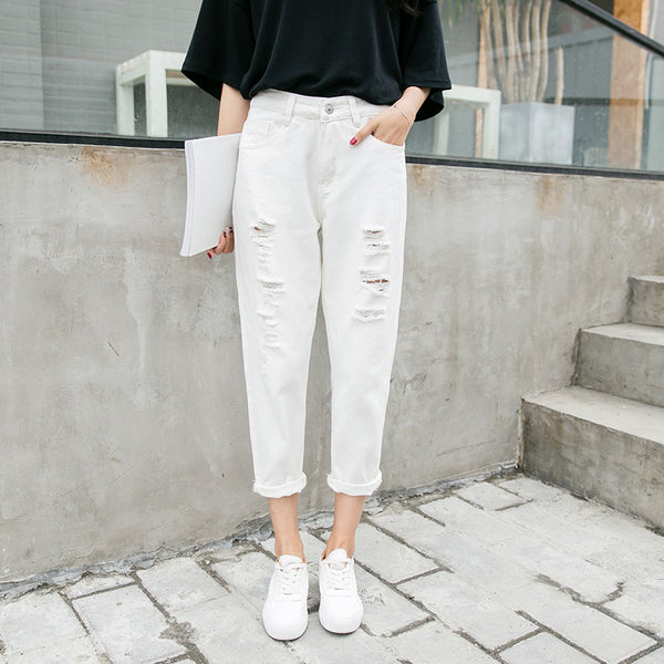 Hot Style Women High Waist White Denim Pants Popular Street Stylish Plus Size Ripped Holes Skinny Jeans