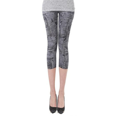 Hot Summer Spring Women Casual Seamless Imitation Cowboy Printed Leggings Stretch Skinny Cropped To the Calf Leggings Half Pants