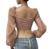 Women Ruched Blouse Casual Mesh Square Collar Shirt Satin Long Sleeve Blouse Button Design Lantern Sleeve Smooth Crop Tops
