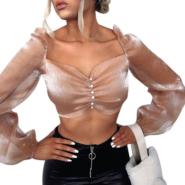Women Ruched Blouse Casual Mesh Square Collar Shirt Satin Long Sleeve Blouse Button Design Lantern Sleeve Smooth Crop Tops