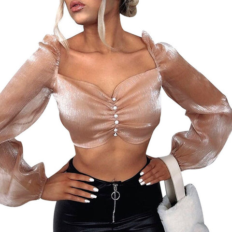 Women Ruched Blouse Casual Mesh Square Collar Shirt Satin Long Sleeve Blouse Button Design Lantern Sleeve Smooth Crop Tops